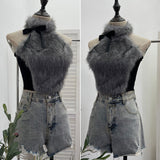 Real-Shot Bow Decorative Hair Splicing Elastic Hanging Neck Vest Outside Wearing Hairy Short Grinding Coat 2791