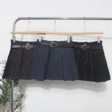 Real Shooting Hottie Cowboy 100 Folded Skirt Girl Bright Line High Waist Anti-Walk Light A Short Skirt With Belt 8302
