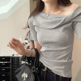 Korean Hottie Twisty Fold Design Tilt Shoulder Short-Sleeved T-Shirt Girl 2025 Summer New Pure Lust-Loan Shoulder Coat