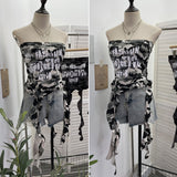 Real Shooting Hottie Camouflage Letter Print Chest Vest With Chest Pad Irregular Ribbon Short Top 8088