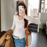 V-Necked Bottom-Up Women's 2025 New Popular Explosion Long-Sleeved T-Shirt High-End Small-Sized Top