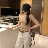 Don't Hit The Pink Round Collar Straight Shoulder T-Shirt For Women's Summer Commute New Slim Slimmed-Sleeved Top
