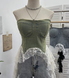 Real Shot With Chest Cushion Denim Splicing Lace Ribbon Irregular Thoracic Coat Short Strap Strap Vest 2739