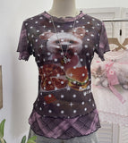 Double-Layer Screen Printed Short-Sleeved T-Shirt For Women's Summer New Dopamine Sweet Moringe Ear Top 2916
