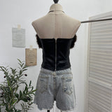 Real Shooting Hottie Hair Splicing Pu Skin Thoracic Vest Zipper One-Thrace Wrapped Thoracic Coat 8125