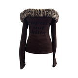 Real Shooting Removable Leopard-Print Hair Collar Shoulder Long-Sleeved T-Shirt Hottie Slim Print Shoulder Thin Velvet Top 1377
