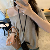 2026 Early Spring Korean Loose Lazy And Relaxed Bat Short-Sleeved Knitted Shirt Girl Into The Autumn Shoulder Inclined Shoulder