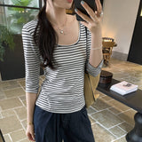 Lyselle Tiansi Small Design Striped Mid-Sleeved T-Shirt For Women's Summer Single Wear High-End Chic Chic Top