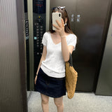 Unique Special Hollow Micropermeable V-Neck Knitted Short-Sleeved T-Shirt For Women 2025 Summer New Slim Slim Top