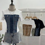 Unique Splicing Denim T-Shirt Girl Summer New Design Sense Short Fake Two-Piece Top Tide 8925