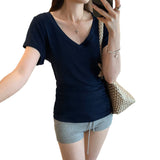 Korean Dopamine Wearing Yellow V-Neck Shoulder Short-Sleeved T-Shirt For Women 2025 Summer New Unique Beauty Small Top