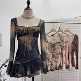 Spring And Summer New French Style Tie Dyed Horn Long-Sleeved Lace Side Design T-Shirt 9980