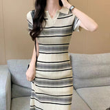 Striped Collar Short-Sleeved Knitted Dress Girl Summer Korean Version Sweet Cute Thin Waist Temperament Mid-Long Dress Girl