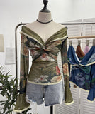 Vintage Oil Painting Print Collar A Word Twisted Folded Short-Sleeved Trumpet Blouse 9907