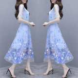 High-End Dress 2025 New Super Fairy Dress Summer Yang Printing Belly Embroidery Mesh Skirt