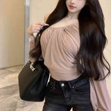 Korean Version Of The Niche Design Sense Of Irregular A Variety Of Wearing Of Women's Oblique Shoulders Folded Long-Sleeved Tops