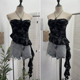Vintage Camouflage Brat Vest Female Niche Irregular Ribbon Hole Babes Y2k Sleeveless Top 1229