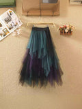 Irregular Net Dress Women Color Splicing Colliding Color A-Character Skirt Cake Fluffy Skirt Long Half-Body Skirt