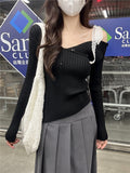 Pure-Style Sexy Design Sense Of Irregular Long-Sleeved T-Shirt Slanted Shoulder Slimming Niche Unique Knitted Shirt Top