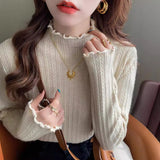 Half-High Collar Thin Knitted Jersey Women's Spring And Autumn New Blouse Fashion With A Foreign Air Wood Ear Sweater Bottom Shirt