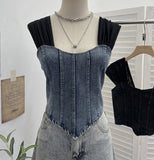 Real Clapping Collarbone Shoulder T-Shirt Women's Summer Mesh Spliced Denim Repair Short Sling Sling Vest 19051