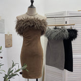Real Shooting Hottie Shoulder Hair Spliced Deer Skin Velvet Tector Tan Dress Folded Ass And Hip Skirt 8878