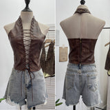 Real Shoot Babes Sexy Hollow Strap Hanging Neck Pu Sling Sling Vest Short-Carded Back Dress Woman 8120