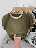 2025 Summer Korean Version Of Knitted Shirt Short Sleeve New Round Collar Bumpy Color Slim Top Women's Style Bottom Shirt