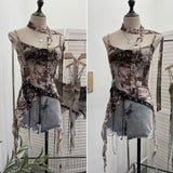 Spice Girls Newspaper Tie-Dye Printing Net Waste Vest Irregular Rope Ribbon 1197