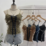 Real Shooting Do The Old Fur Side Of The Denim Splicing Pu Skin Lace Sling Vest Short Without Sleeve Top 618