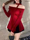 Pure Three-Dimensional Flowers Shoulder-Opened Long-Sleeved Knitted Shirt 2025 Autumn New Slim Top Woman Tide