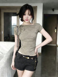Vintage Retro Strap Slanted Shoulder Short-Sleeved T-Shirt For Summer 2026 New Slimming Hottie Small Top