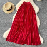 Tightening The Pearl Light Hundred Folded Half-Dressed Dress Woman 2025 Early Spring Glossy Color Color Hanging High Waist Thin Word Long Dress