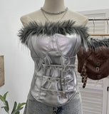 Real Shooting Retro Pu Skin Spliced Hair Bra Bra Strap Chest Punk Hottie Skin Buckle Waist Short Top 2781