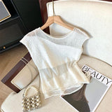Tea Tea Yarn Knitted Jersey Ice Blouse Women Summer Large Size Fat Mm Unique Beautiful Shirt Splicing Irregular