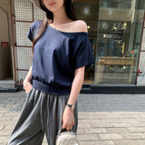 Real Shot A Word Shoulder Slant Shoulder Waist White Short-Sleeved T-Shirt Women's Summer 2026 New Pure Desire Design Sense Short Top
