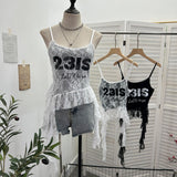 Real Shooting Lace Sling Vest Irregular Ribbon Hot Wear Print Short-Sleeved Top 1193