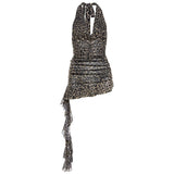 Summer Vintage Leopard-Print Lady Hot Slings Short Skirt Ribbon Ribbon Hanging Neck V Collar Small Man Ass Dress