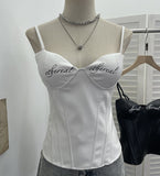 Letter-Print With Chest Pad Pu-Skin Sling Vest Slimming Short Babes Sleeveless Top 1372