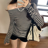 Lyselle Tiansing Stripe Shoulder Long-Sleeved T-Shirt Girl Spring And Autumn New Bottom Shirt On The Shoulder