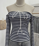 Real Shooting Design With A Word Shoulder Striped Strapped T-Shirt For Women's Spring Long-Sleeved And Shoulder-To-Shoulder Short-Sized Top 8026