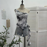 Real Shooting Street Hottie With Chest Pads With Chest Pads To Wear Chest Vest Print Irregular Short-Term Collection Waist One Shoulder Sleeveless Top 9276
