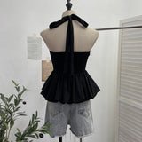 French Retro Hanging Neck Tie With Bare Back Sling Skirt Folded Short Sleeveless Top Woman 9225