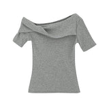 2026 Early Spring Temperament Korean Hot Girls Twisting And Slanted Shoulders Short-Sleeved T-Shirt Women Commuting Summer Pure Desire