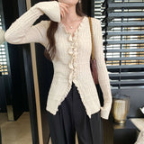 Korean Gentle Windwood Ear V-Neck Long-Sleeved Knitted Cardigan Woman 2025 New Beautiful Small Top
