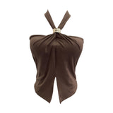 French Hanging Neck Sling Vest With Chest Pad Open Fork Short Bramped Stairless Top 9286