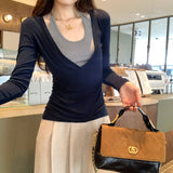 Lyselle Tiansi Small Design Fake Two Hanging Neck Long-Sleeved T-Shirt Women 2025 New Early Autumn Single Wear Clothes