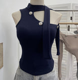 Real Shooting Hanging Neck Small Sling Vest Outside Wearing Brooch Knitting Elastic Shoulder Ribbon Hottie Top 1052
