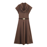 New Women's Fashion Temperament With Belted Folded Dress 5029187