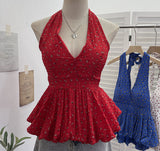 Real Shot Of Broken Flower Hanging Neck Strap Sling Sling Vest Hot Girl Low Breast With Chest Pad To Close The Waist-Lup Doll Shirt 9253